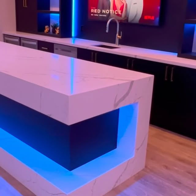 Basement kitchen with quartz island